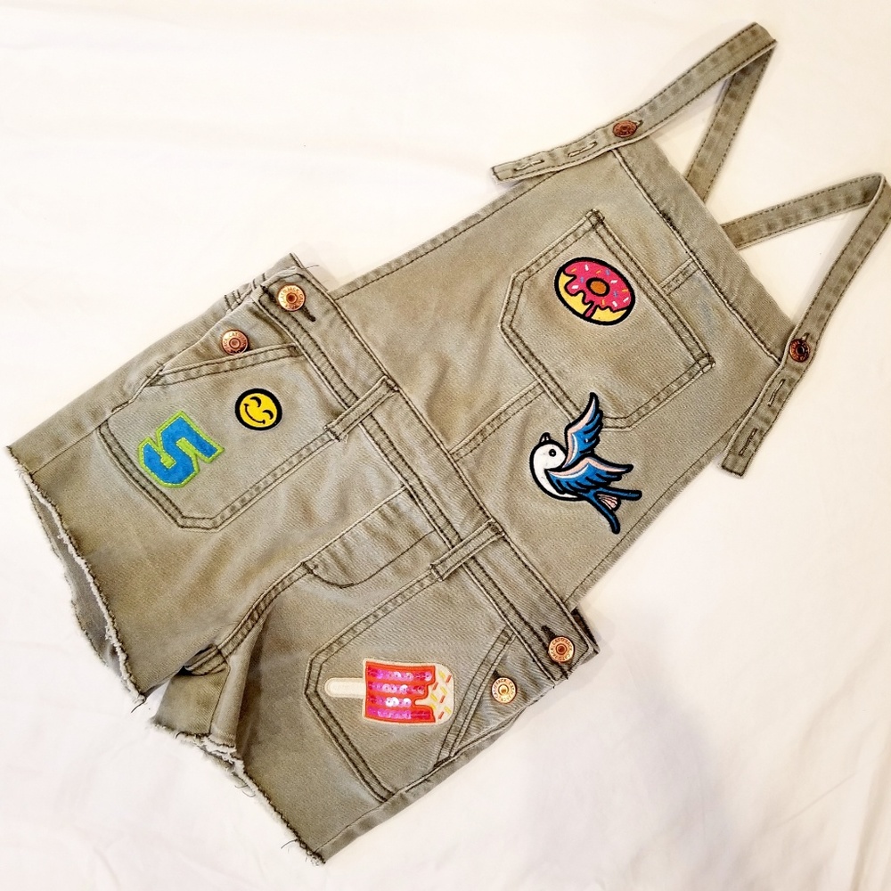 Girls Army Green Overalls with Patches
